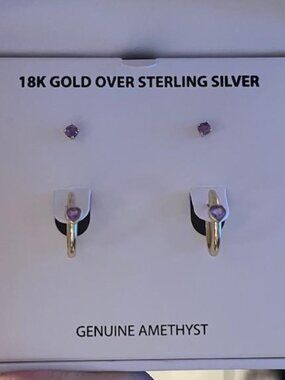 New 18k over Sterling Silver Genuine Amythyst Hoop Set of Hoop & Stud Earrings